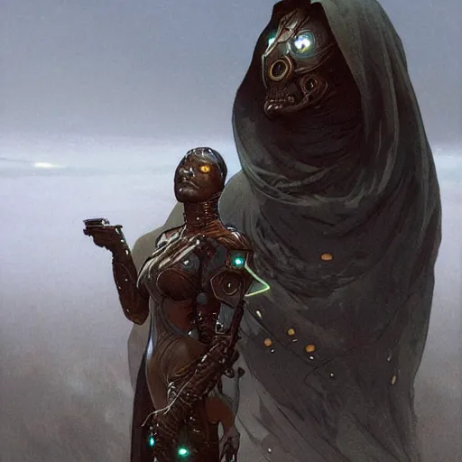 Prompt: impassive black - skinned cyborg clone with bronze eyes, wearing cloak in blasted battlefield, science fiction concept art by greg rutkowski, alphonse mucha, brom, deak ferrand, and beksinski