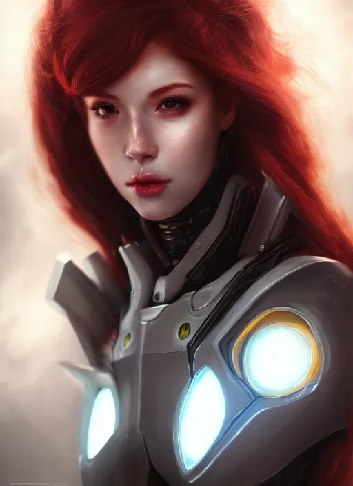 Image similar to detailed portrait of perfect deep red haired girl, android, warframe armor, beautiful, pretty face, yellow cyborg eyes, innocent, scifi, 4 k, sun yunjoo, ultra realistic, aura of light, cinematic lighting, highly detailed, sharp focus, artstation, masterpiece, art by hyungjin yang