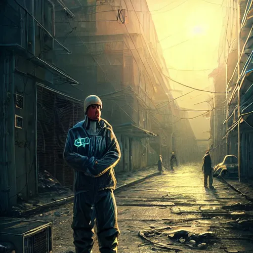 Image similar to A photo of cyberpunk gopnik on the street of a Soviet slum on the Moon, blinding sun, Norilsk, sci-fi, fantasy, intricate, very very beautiful, by Evgeny Zubvkov, elegant, highly detailed, digital painting, artstation, concept art, smooth, sharp focus, illustration, art by artgerm and greg rutkowski and alphonse mucha