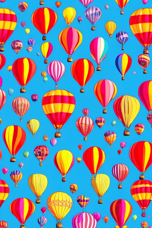 Image similar to seamless pattern of hot air balloons in beautiful sky, colourful, symmetrical, repeating 35mm photography, ultra fine detail, 4k high definition, bold