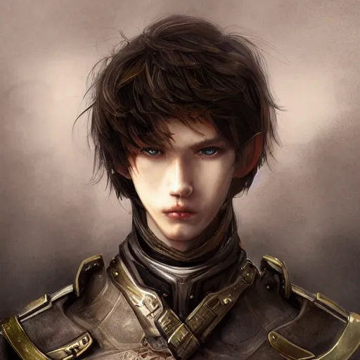 Image similar to portrait of an elf by ayami kojima, he is about 2 0 years old, russian, manly, short brown hair, slender and tall, friendly and smart, he is wearing a modern tactical gear, scifi, highly detailed portrait, digital painting, artstation, concept art, smooth, sharp foccus ilustration, artstation hq