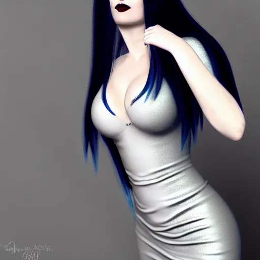 Image similar to comforting portrait of a pale hot goth woman with elegant multilayered gold-blue-silver tight leather high-neck striped dress, curvy thin waist, photorealistic, sublime, 16k, smooth, sharp focus, cgsociety, trending on ArtStation, volumetric lighting