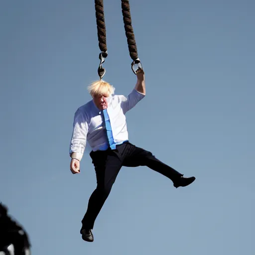 Image similar to Boris Johnson dangling from a rope from the sky