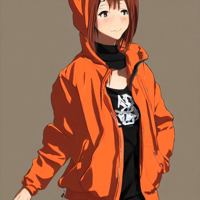 Image similar to full body pose, anime Japanese girl in streetwear, orange jacket, Very highly detailed 8K, Digital painting