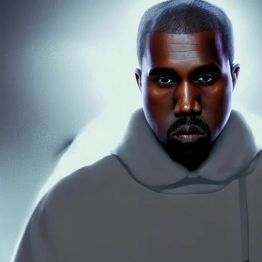 Image similar to photo realistic image of kanye west, wearing yeezy futuristic outfit stunning 3 d render inspired art by istvan sandorfi and greg rutkowski, perfect facial symmetry, complete body, realistic interpretation!!!, highly detailed attributes and atmosphere, dim volumetric cinematic lighting,