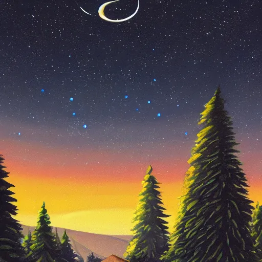 Image similar to a painting of a night sky with stars and trees, poster art by tim biskup, behance contest winner, space art, poster art, wallpaper, digital illustration