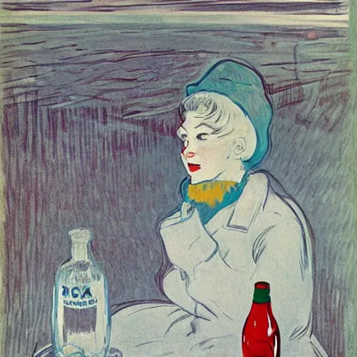 Prompt: a woman in a parka drinking a bottle of coka - cola in an icy polar environment, advertisement, 1 9 6 0's, by henri toulouse lautrec