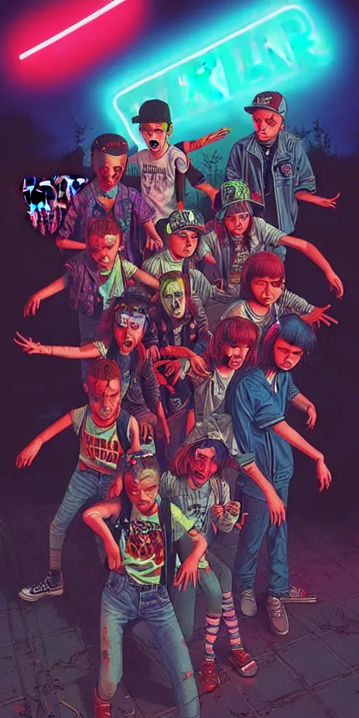 Image similar to young punk rockers fighting against zombies at the playground, by baseball bat in the retro wave stranger things style, neon colors, hyper detailed, digital art, cinematic lighting, concept art by artgerm and greg rutkowski and caravaggio and moebius and jakub rebelka, 8 k