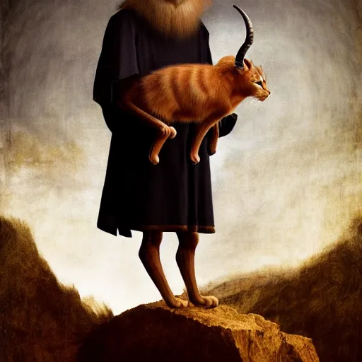 Image similar to a standing cat that has goat horns, anthropomorphic cat wearing dark robes, matte oil painting, by leonardo da vinci, eldritch, magical, fog, noble, full body portrait, extremely detailed, cult, ritual, 4 k, 8 k