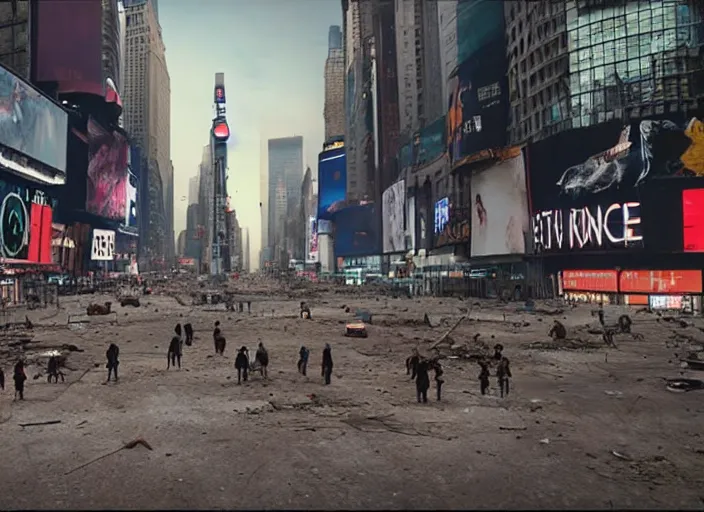 Image similar to film still of post apocalyptic empty time square at midnight, overgrown with wildlife walking through in the new sci - fi movie, 8 k