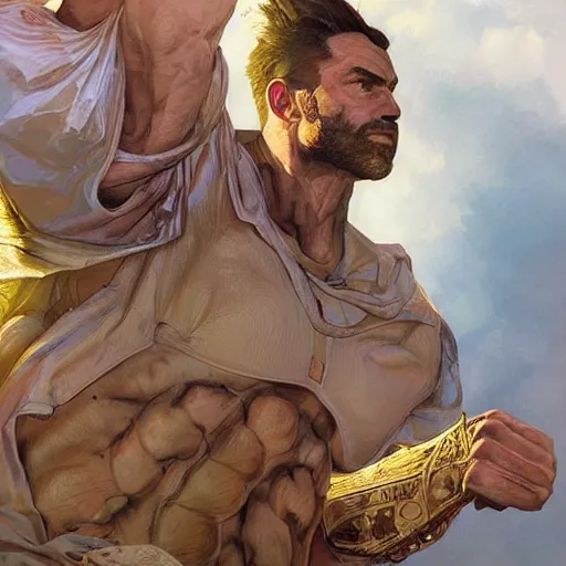 Image similar to gigachad flexing his muscles, highly detailed, digital painting, artstation, concept art, smooth, sharp focus, illustration, art by artgerm and greg rutkowski and alphonse mucha