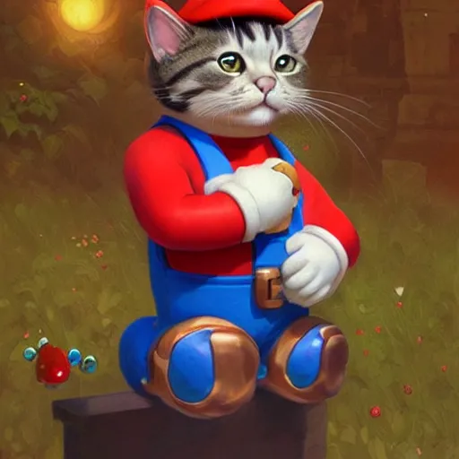 Image similar to Portrait of a Cat dressed as Super Mario, Mario hat, kawaii aesthetic, nintendo, highly detailed, digital painting, artstation, concept art, smooth, sharp focus, illustration, art by artgerm and greg rutkowski and alphonse mucha