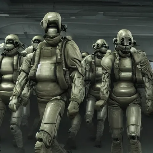 Image similar to military android leading a group of captured humans to a detention center, dystopian nightmares, grungy, photorealistic, highly detailed