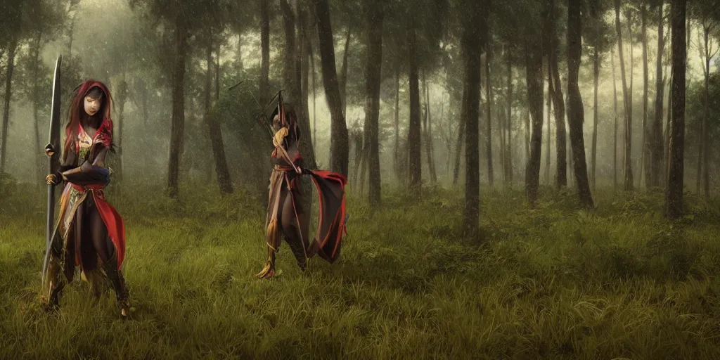 Image similar to An epic fantasy comic book style landscape painting of a young beautiful chinese girl holding a katana in a field of raining forest surrounded by bambok, unreal 5, DAZ, hyperrealistic, octane render, cosplay, dynamic lighting