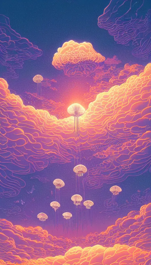 Prompt: little luminous jellyfishes floating on cosmic cloudscape at sunset, futurism, dan mumford, victo ngai, kilian eng, da vinci, josan gonzalez