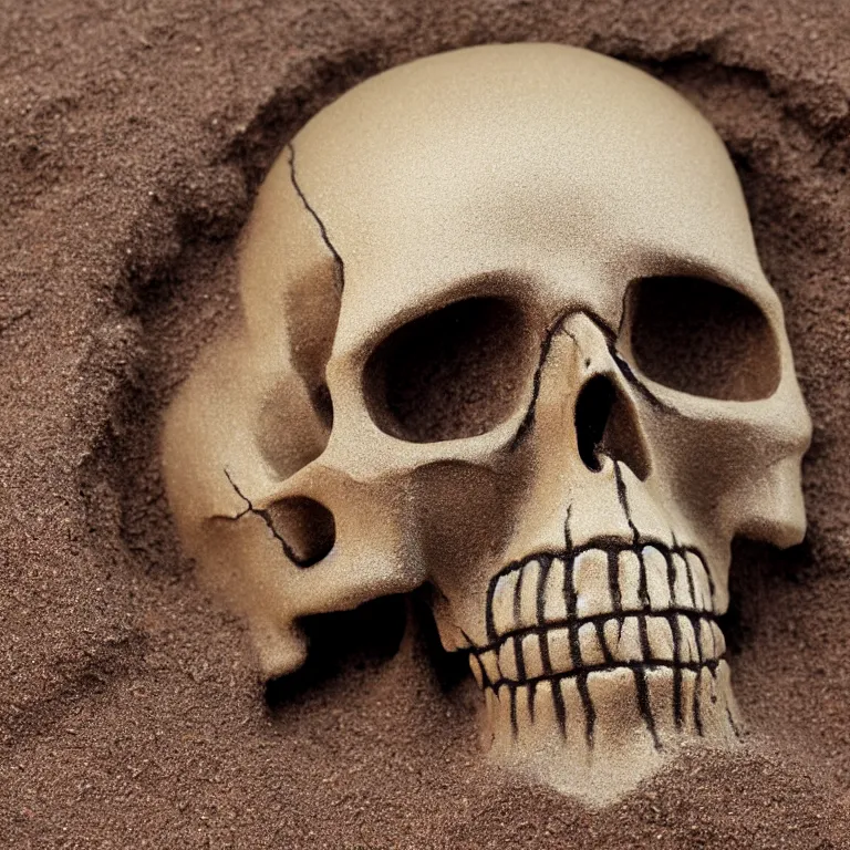 Image similar to closeup of metal skull berried in sand painted by Edward Hopper, painted by Wayne Barlow, airbrush