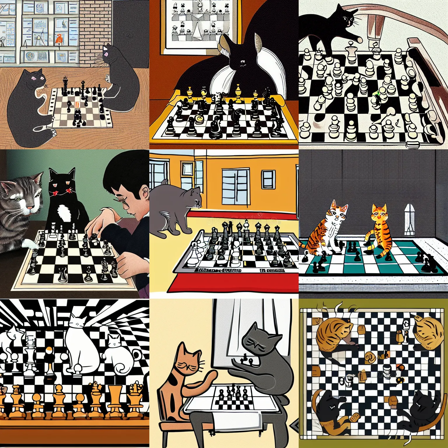 Prompt: first - person perspective view of a cat playing chess with his friend, illustration