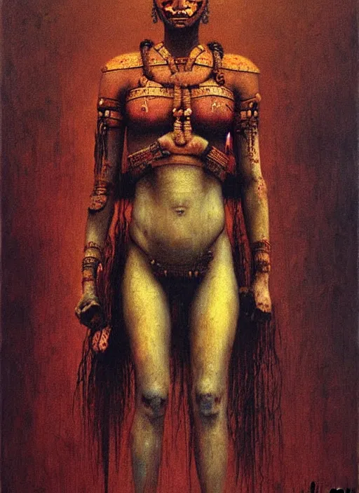 Image similar to warrior girl in tribal painting by Beksinski