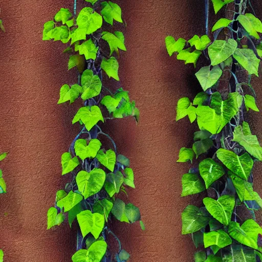 Prompt: photo realistic, high level of detail, high resolution : ( subject = steel pillar and ( object = vines + object detail = green, lush ) ) + ( perspective = diminishing scale + low focal point, low focus distance )