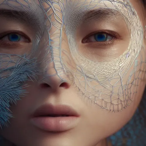 Image similar to intricate highly detailed face portrait of asian - european woman, light blue water vines on her face, intricate, cgsociety, unreal engine, octane render, sharp focus, smooth, volumetric lighting, cinematic composition, artstation