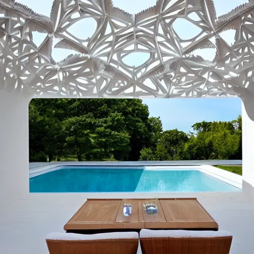 Image similar to evolving fractal, flowing white architectural Villa, futuristic 3D, voronoi pattern of a timber-frame pool pavilion with magnolias on the roof has its own guest entry and distinct areas for cooking, dining, and relaxing, the dining rotunda has a built-in pizza oven and a custom-designed table to accommodate eight to 16 people, the center section of the structure features the kitchen and bar, the lounge rotunda provides a covered seating area located adjacent to the fireplace, the pavilion’s ceiling has a floral motif that mimics a magnolia tree near the pool slide, sun rays through the pavilion structure, lush botanical trees, prairie landscaping, sunrise, golden hour, illuminated pool, fluffy clouds