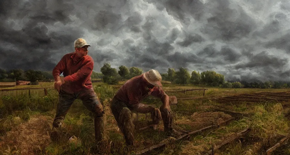 Prompt: man working in a farm, storm, high quality high detail painting, hd, artstation,