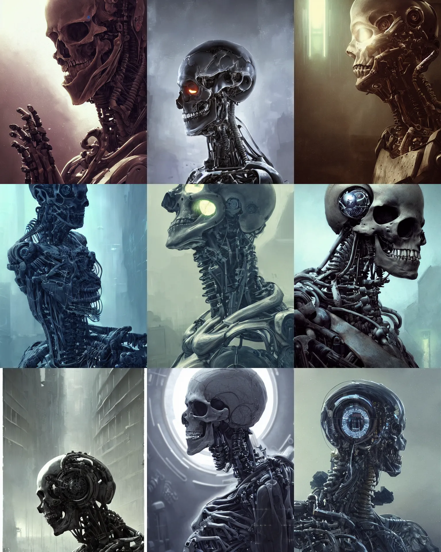 Prompt: skeleton with cybernetic enhancements with some flesh as seen from a distance, scifi character portrait by greg rutkowski, esuthio, craig mullins, 1 / 4 headshot, cinematic lighting, dystopian scifi gear, gloomy, profile picture, mechanical, half robot, implants, solarpunk