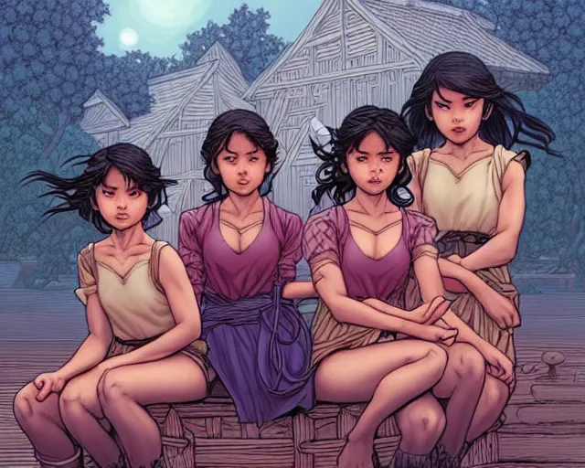 Prompt: fantasy comic cover art of a ( ( trio of village girls ) ) sitting on a dock, detailed faces, illustration by jenny frison and sana takeda and kenichi sonoda, intricate details, stunning inking lines, stunning gradient colors, 4 k, hd, artstation, award winning