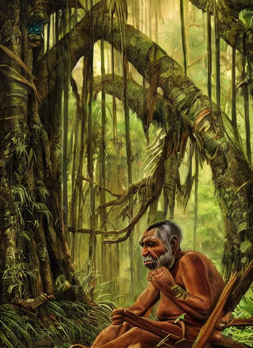 Image similar to a beautiful painting of a very old indigenous grand-father in the amazon jungle, matte painting, fantasy art, ayahuasca, highly detailed