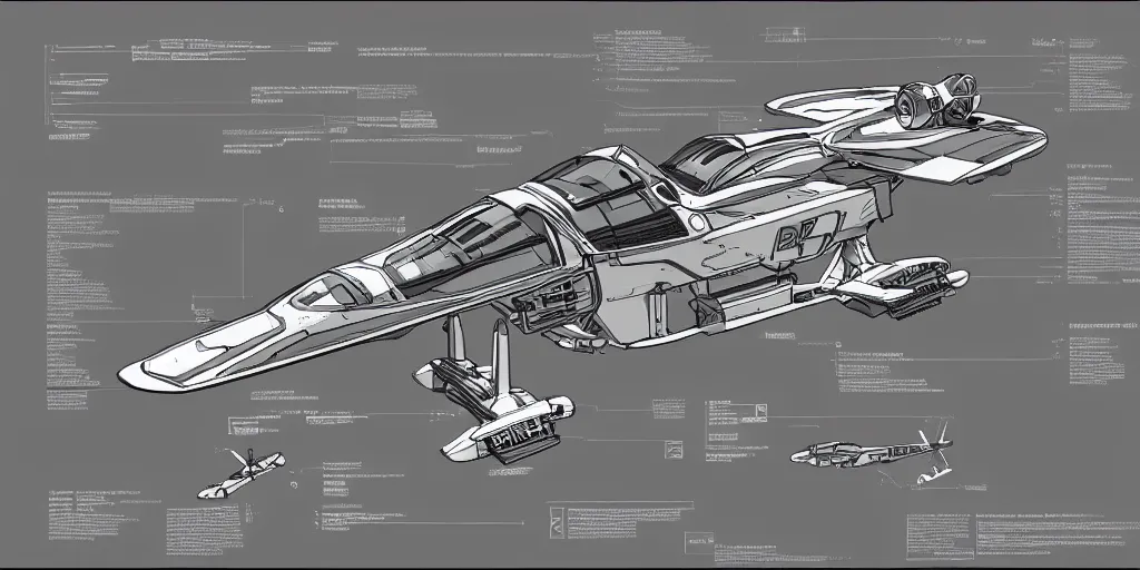 Prompt: highly detailed schematic, technical drawing, orthographic view, sci-fi hover racer, sci-fi pod racer
