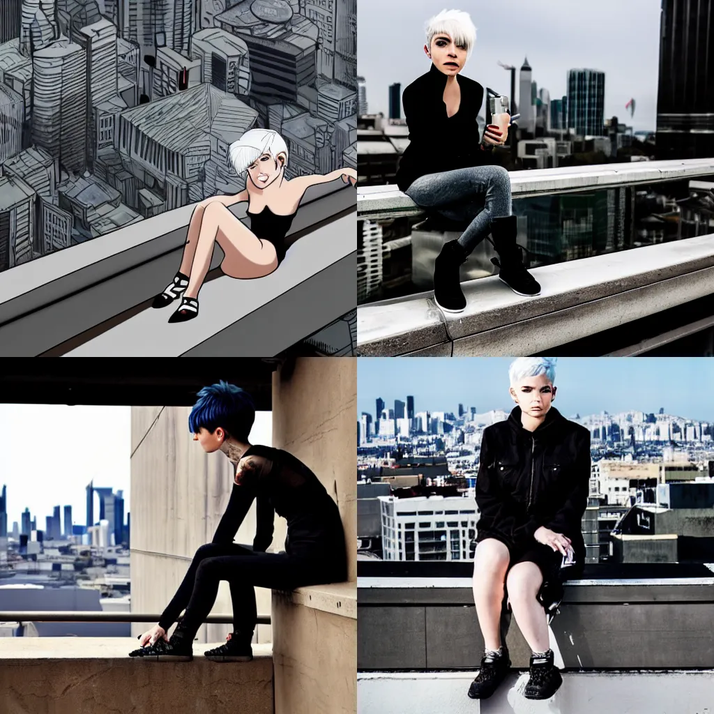 Prompt: young woman with short white hair and grey eyes. She is apathetic. She wears punk clothing. She is sitting on a rooftop ledge. The ledge overlooks a modern city skyline. in the style of Aeon Flux.