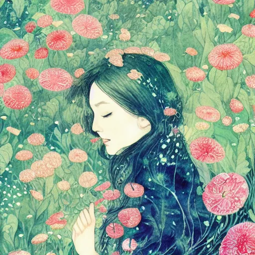 Prompt: a beautiful intricate watercolor illustration of a dreaming girl with flowers, leaves, 4 k, ultra - wide angle, by william turner, by victo ngai, by gustav klimt, hd, trending on artstation, hyper detailed, muted intense colors