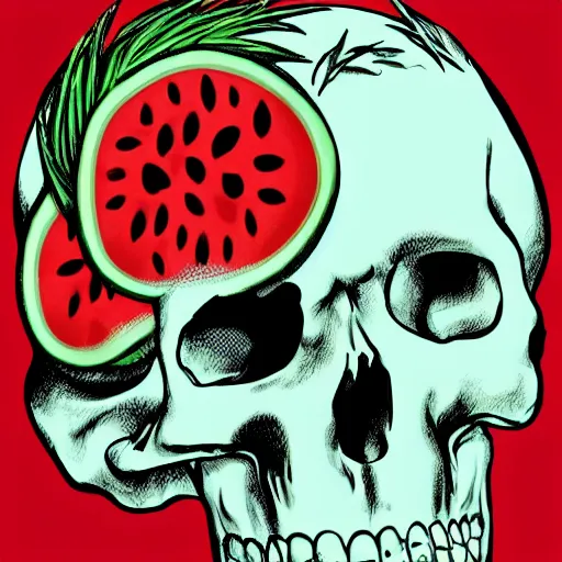 Prompt: Guy Fieri medical skull diagram with watermelon instead of brain