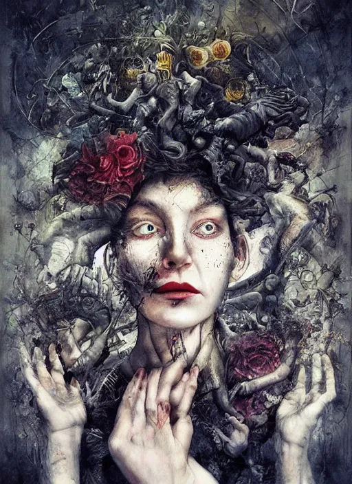 Image similar to Our lives are not our own. We are bound to others, past and present, and by each crime and every kindness, we birth our future. diabolical, dark, mystical, intrincate, maximalism, by Marco Mazzoni, Otto dix and Ryohei Hase