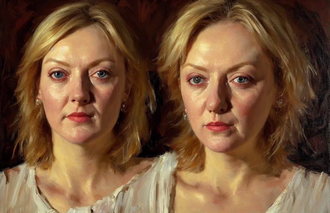 Image similar to portrait of liz truss!!!!!!!!!!!!!!!!!!!!!!!!!!!, detailed face, detailed painting, epic lighting, by ilya repin, phil hale and kent williams