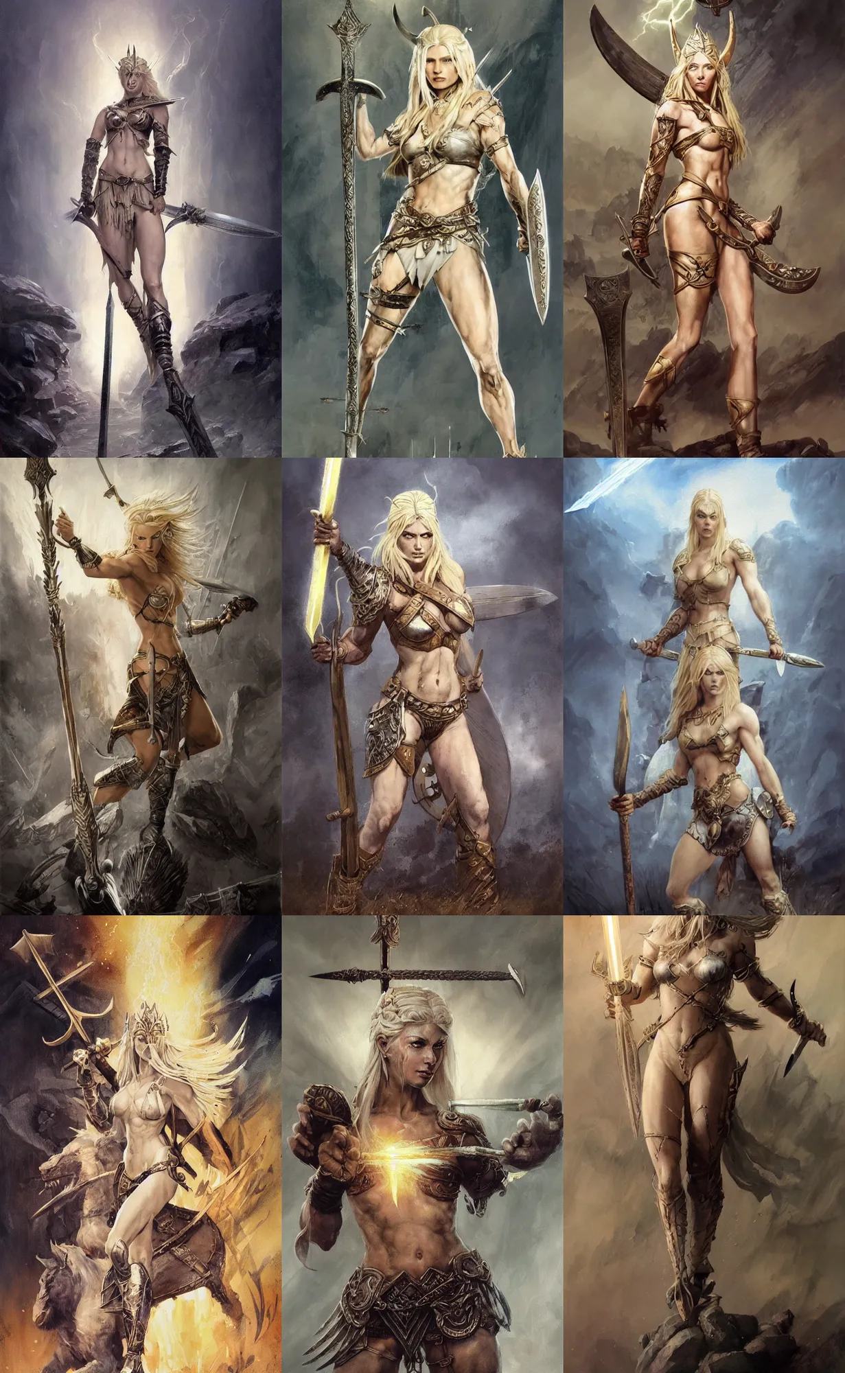 Prompt: A mixed media painting of the beautiful blonde viking goddess of war with a sword of lightning, very aesthetic, detailed face, by Frank Frazetta, Greg Rutkowski, Boris Vallejo, Beeple, Christian MacNevin, epic fantasy character art, goddess of anger, viking runes, elven, high fantasy, CGsociety, full length, exquisite detail, post-processing, low angle, nier automata, masterpiece, cinematic, odin's stone arena background