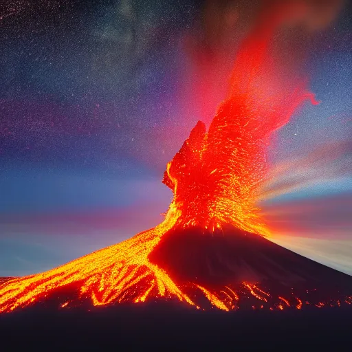 Prompt: A volcanic eruption lights up the night sky, photorealistic 4k s50
