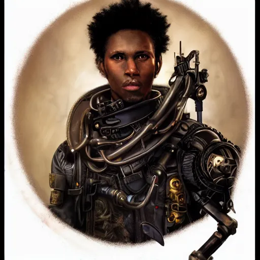 Image similar to portrait of a man by ayami kojima, afroamerican, he is about 2 0 years old, short black hair, annoyed older brother vibes, he is wearing a steampunk tactical gear, highly detailed portrait, digital painting, artstation, concept art, smooth, sharp foccus ilustration, artstation hq