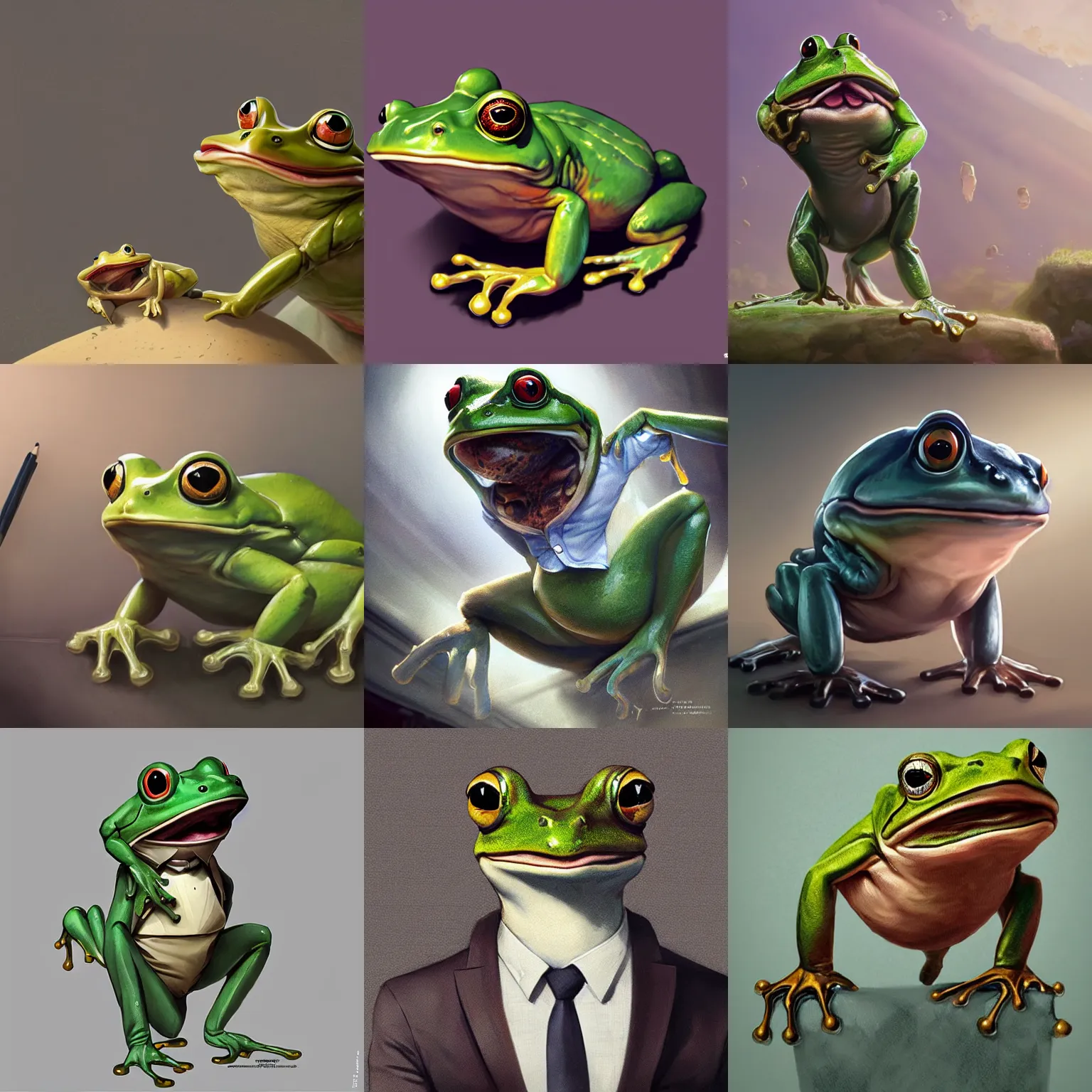 Prompt: cute antropomorphic frog in suit illustration by greg rutkowski ighly realistically detailed, trending on pixiv, unreal engine 4 k, stanley artgerm lau, wlop, rossdraws, james jean, andrei riabovitchev, marc simonetti, and sakimichan