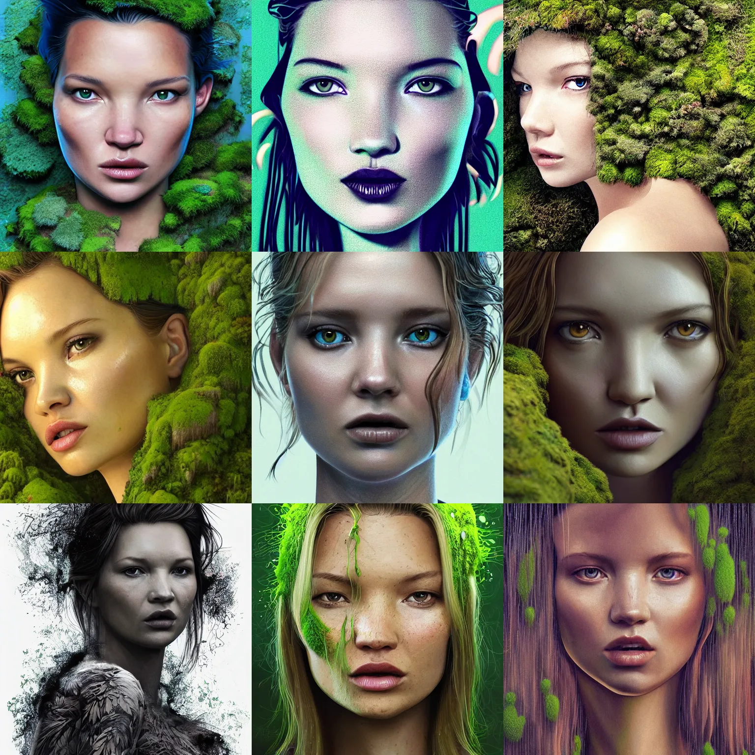 Image similar to portrait isometric drawing, printerest, close-up moss growing tropical kate moss like a mossy garden, face of kate moss, intricate, epic lighting, cinematic composition, hyper realistic, 8k resolution, unreal engine 5, by Artgerm, tooth wu, dan mumford, beeple, wlop, rossdraws, James Jean, Andrei Riabovitchev, Marc Simonetti, yoshitaka Amano, Artstation