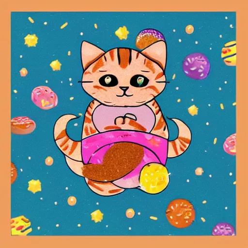 Image similar to cat with a pop sprinkle doughnut body flying though space shooting rainbows