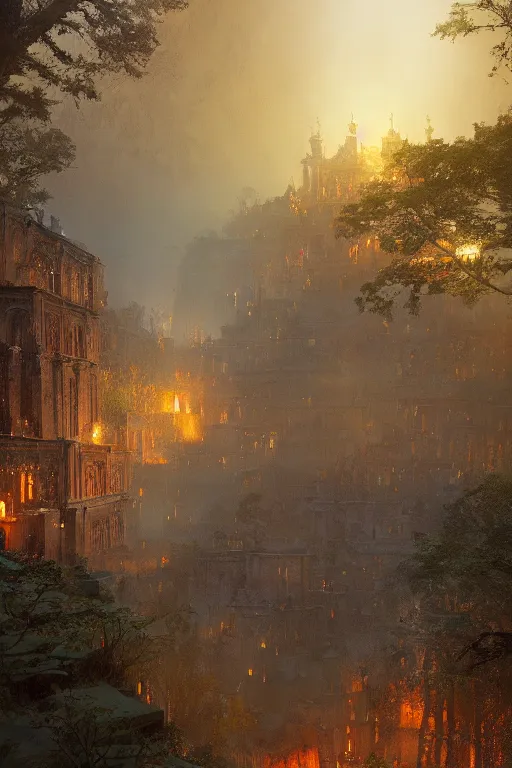 Image similar to old aztec city of gold in the middle of the forest, intricate, elegant, volumetric lighting, digital painting, highly detailed, artstation, sharp focus, illustration, concept art, ruan jia, steve mccurry