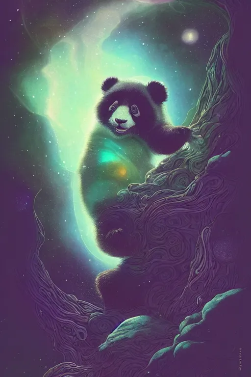 Prompt: panda in the silver night, rock color, aurora element, cosmic nebula, metallic texture, astral plane, by edmund dulac and peter mohrbacher and ellen jewett and dan mumford, trending on cgsociety, light effec, c 4 d