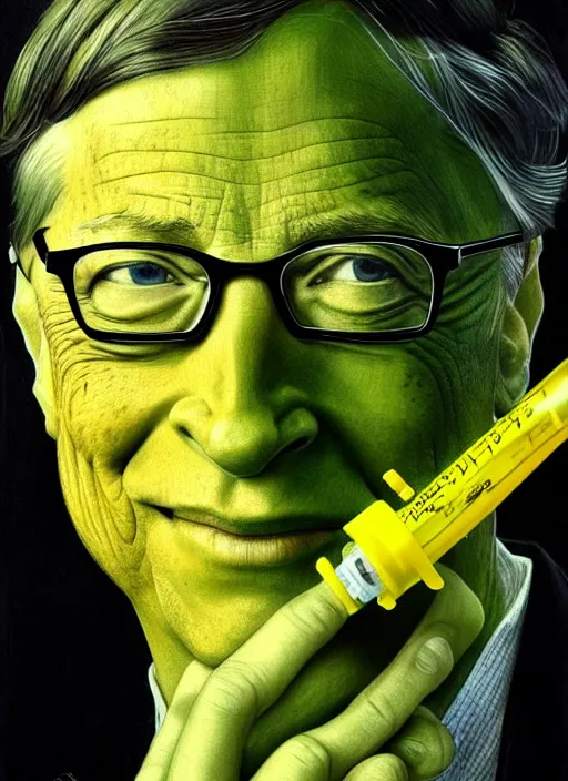 Image similar to bill gates as a reptile with green scales and yellow vertical pupills!!!, holding a syringe!!, portrait, intricate, elegant, highly detailed, digital painting, artstation, concept art, wallpaper, smooth, sharp focus, illustration, art by h. r. giger and artgerm and greg rutkowski and alphonse mucha