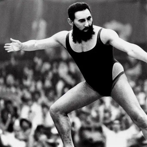 Prompt: award - winning photograph of fidel castro ( ( ( wearing a tight gymnastics!!!!!! swimsuit!!!!!! ) ) ), olympics, 8 k, 4 k, high quality, hyperdetailed