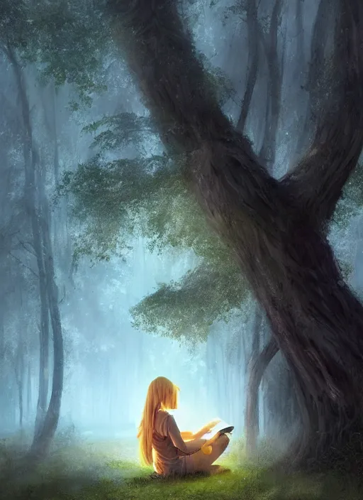 Image similar to portrait, blond girl sits in mystical misty forest, reading under a tree, fireflies, dramatic lighting, cinematic, establishing shot, extremly high detail, foto realistic, cinematic lighting, post processed, concept art, artstation, matte painting, style by eddie mendoza, raphael lacoste, alex ross