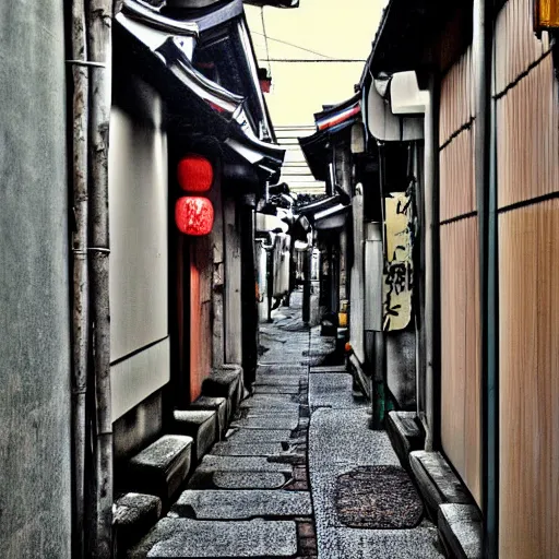 Prompt: japanese city back alleys by robert hubert