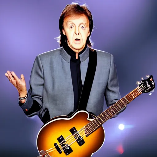 Prompt: Paul McCartney playing a guitar shaped like a beetle, 8k, high definition, highly detailed, photorealistic