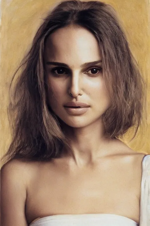 Image similar to 23 year old natalie portman, loose messy hair , thoughtful eyes, wearing a thin white skimpy cotton camisole, pale skin, poised beautiful body, symmetrical face, zen aesthetic, interior design, amber and blue color scheme, sophisticated, pensive, contemplation, meditation, aloof, ethereal, realistic painting