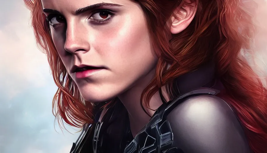 Image similar to Emma Watson is Black Widow, hyperdetailed, artstation, cgsociety, 8k